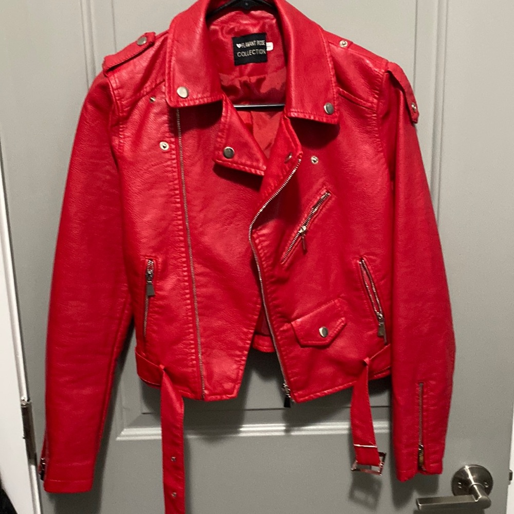 Red faux leather biker jacket